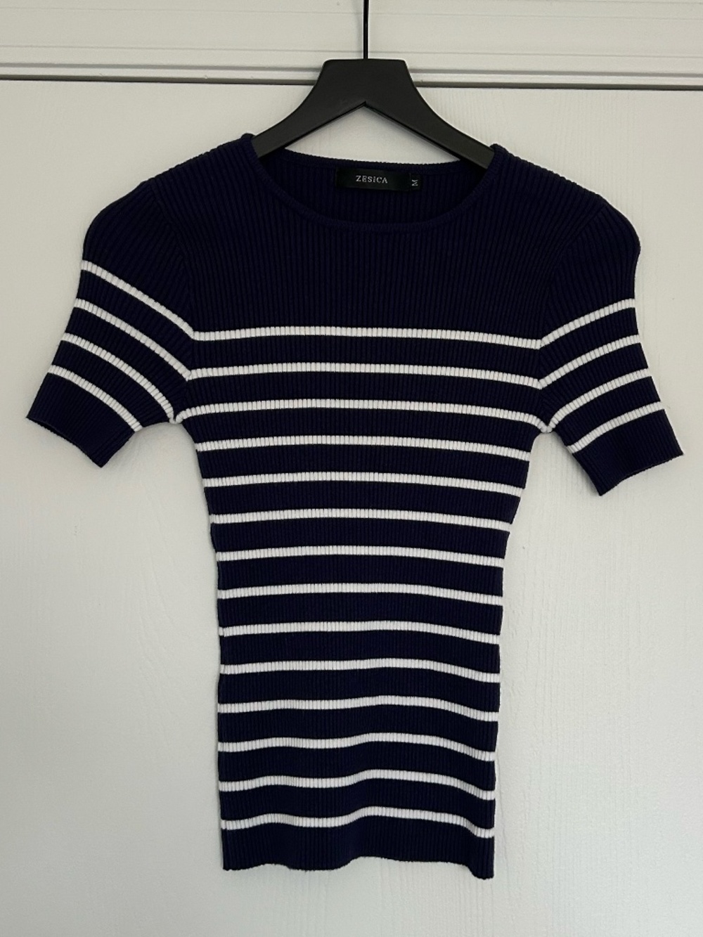 Navy Blue and White Striped T-Shirt - Size M